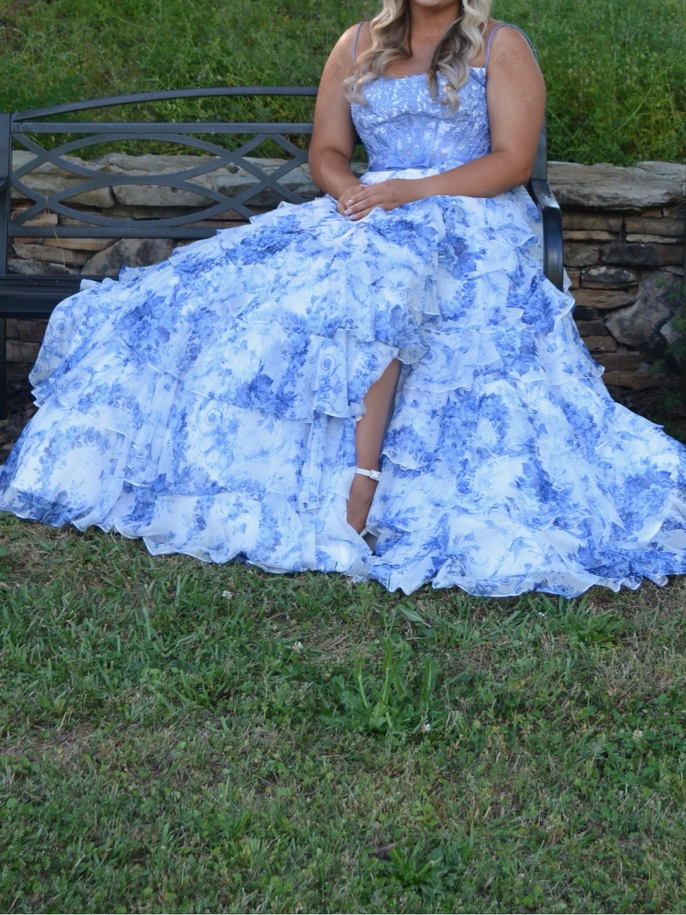 Blue Floral Tiered Ruffle Prom/Pageant/Bridesmaid Dress with Bow - Picture 3 of 5